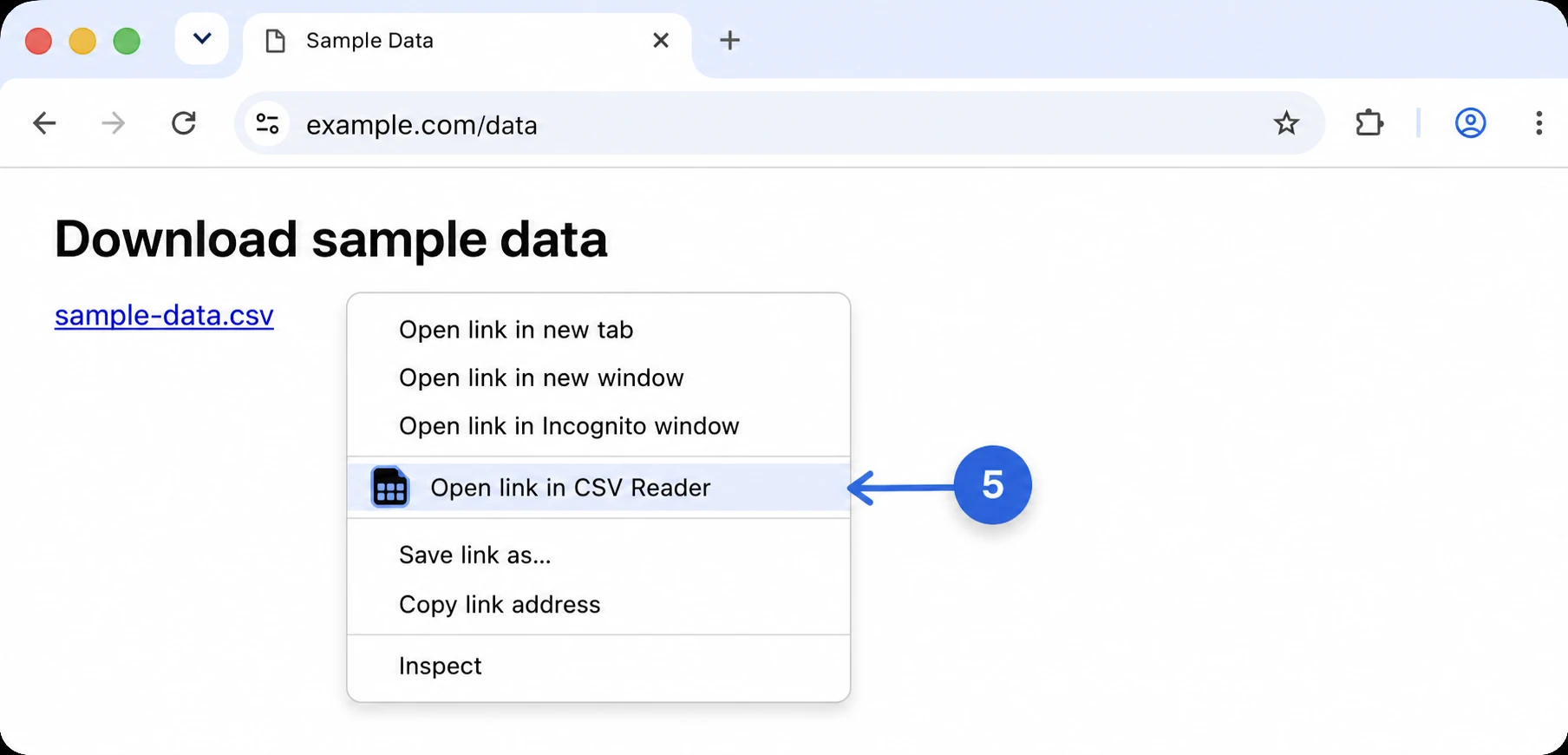 Chrome context menu with Open link in CSV Reader highlighted.