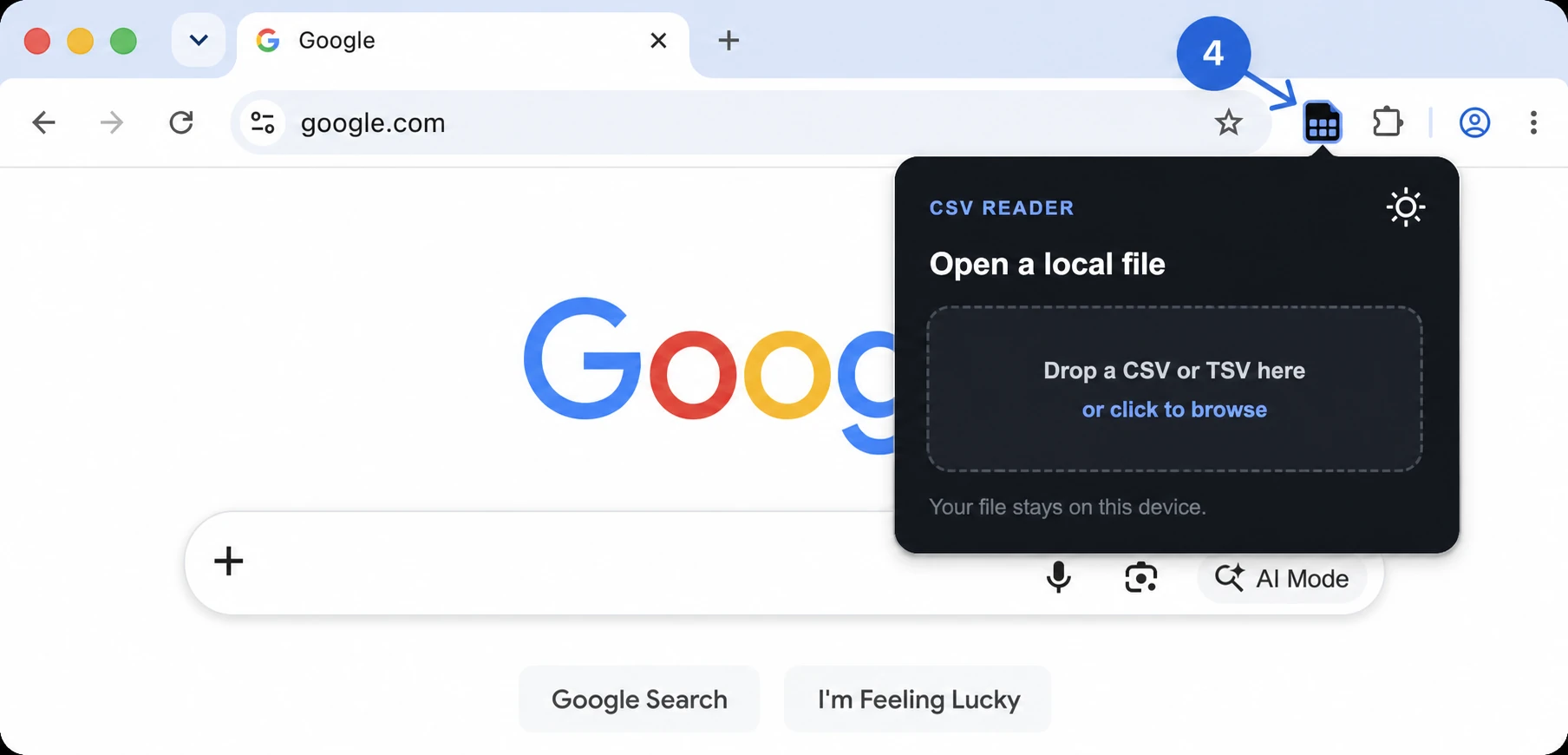 CSV Reader popup in its default dark theme with the local file drop zone.