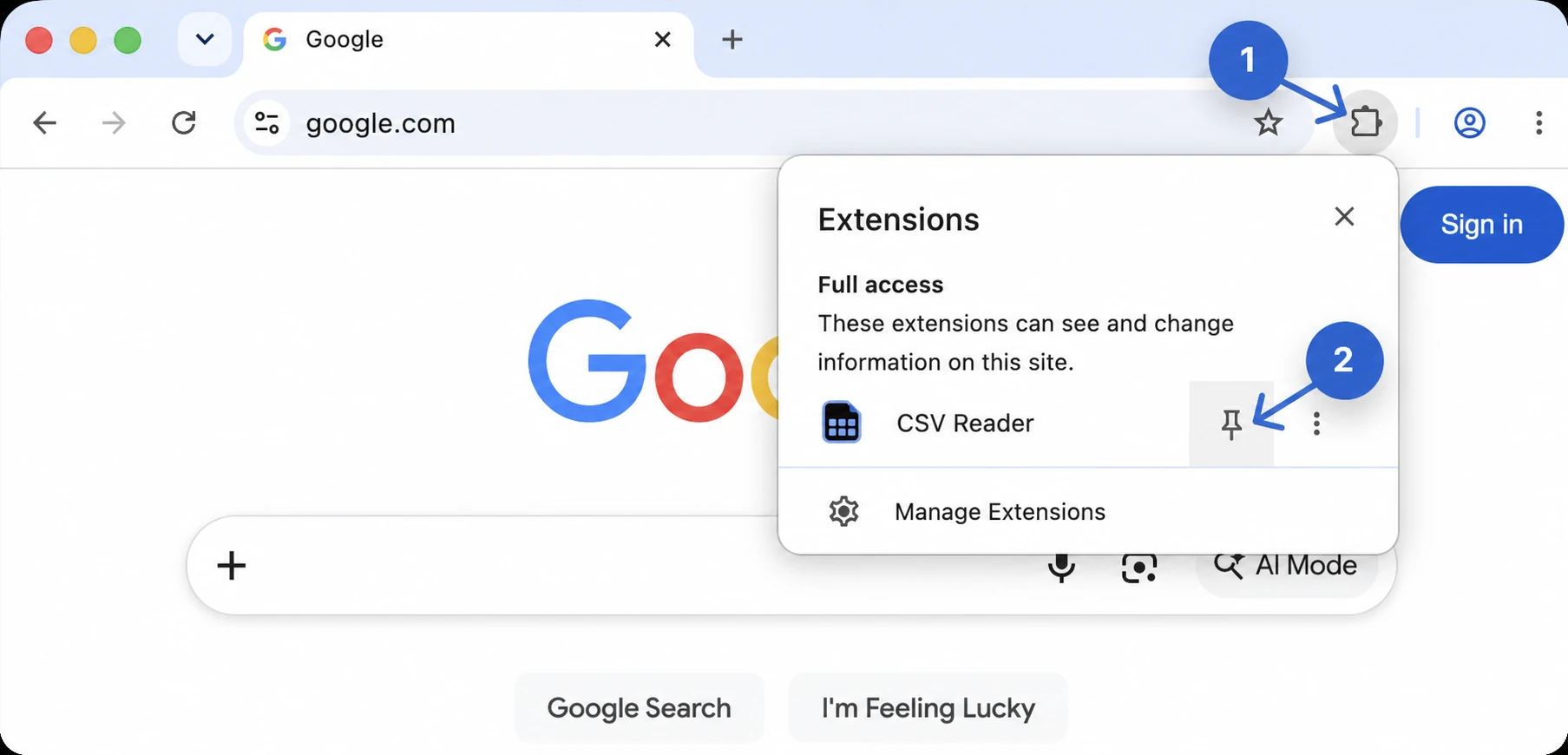 Chrome Extensions menu with the CSV Reader pin action highlighted.
